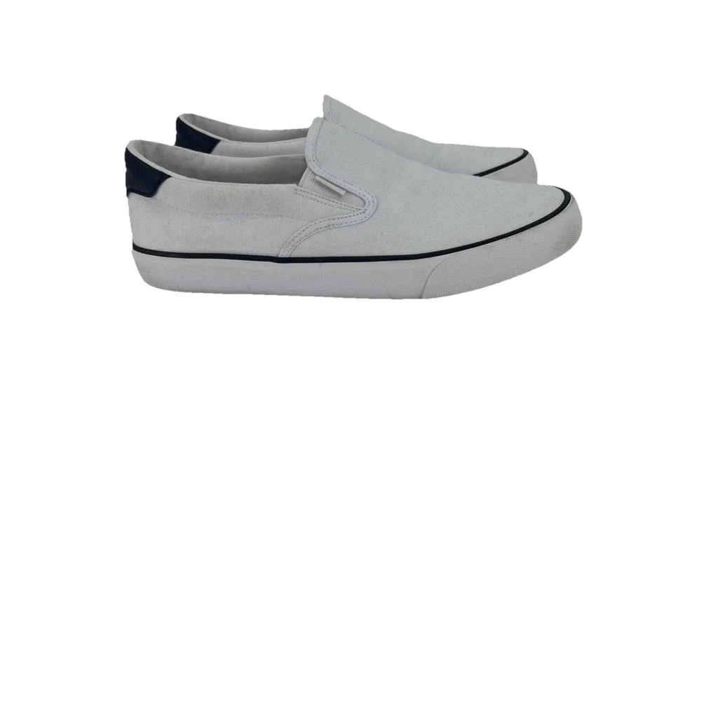 Lugz Clipper Mens White‎ Canvas Slip On Sneakers Navy Blue Accents Loafers